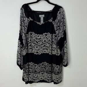Catherines Plus 3X Black Silver Lace Peasant Top Blouse Boho Flowy Goth Evening‎